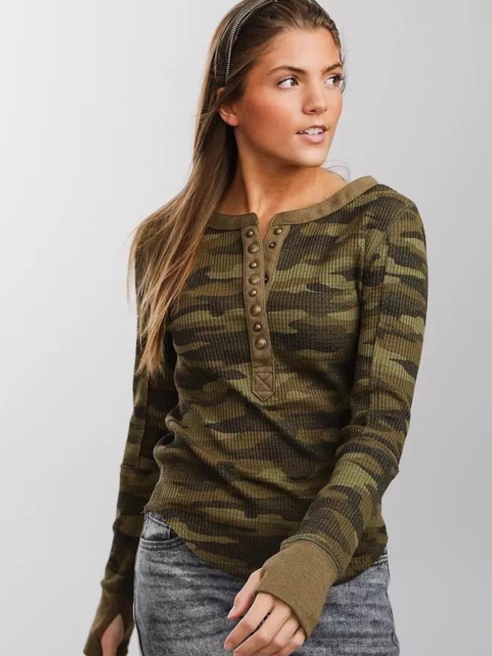 We The Free Olive Green Camo Henley Waffle Top